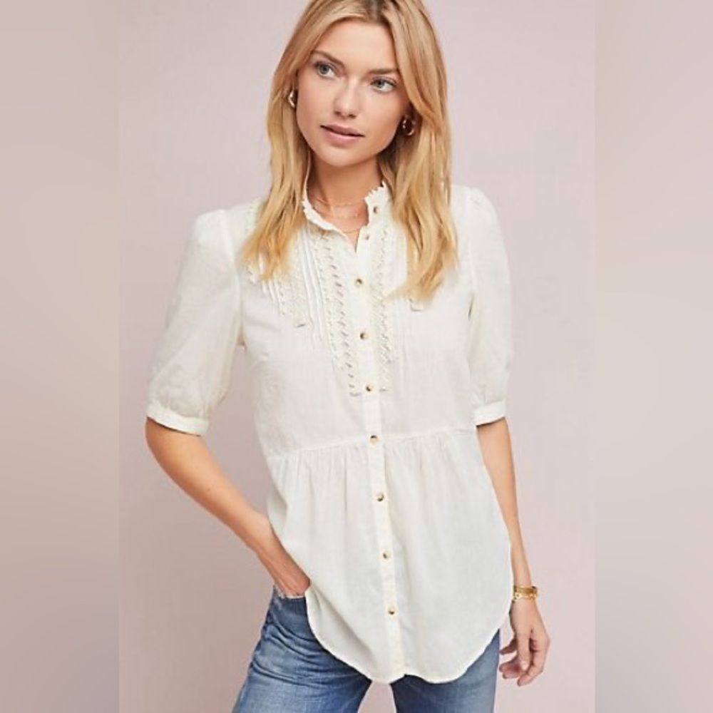 Anthropologie Feather Bone Beatrice Lace-Trimmed Button Cotton Blouse Women Sz 8 - Picture 3 of 9